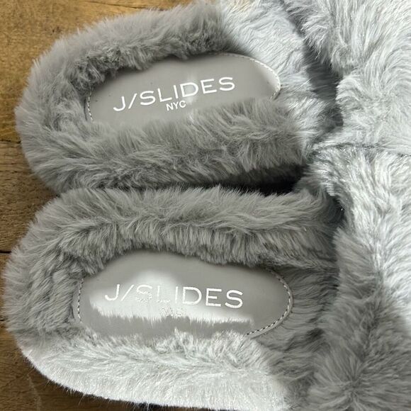 J/slides gray fuzzy slip on slippers cozy rubber bottoms woman's size 7‎ - Picture 3 of 7